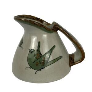 Pottery Pitcher Made in Mexico Light Gray Brown Green Birds Flowers